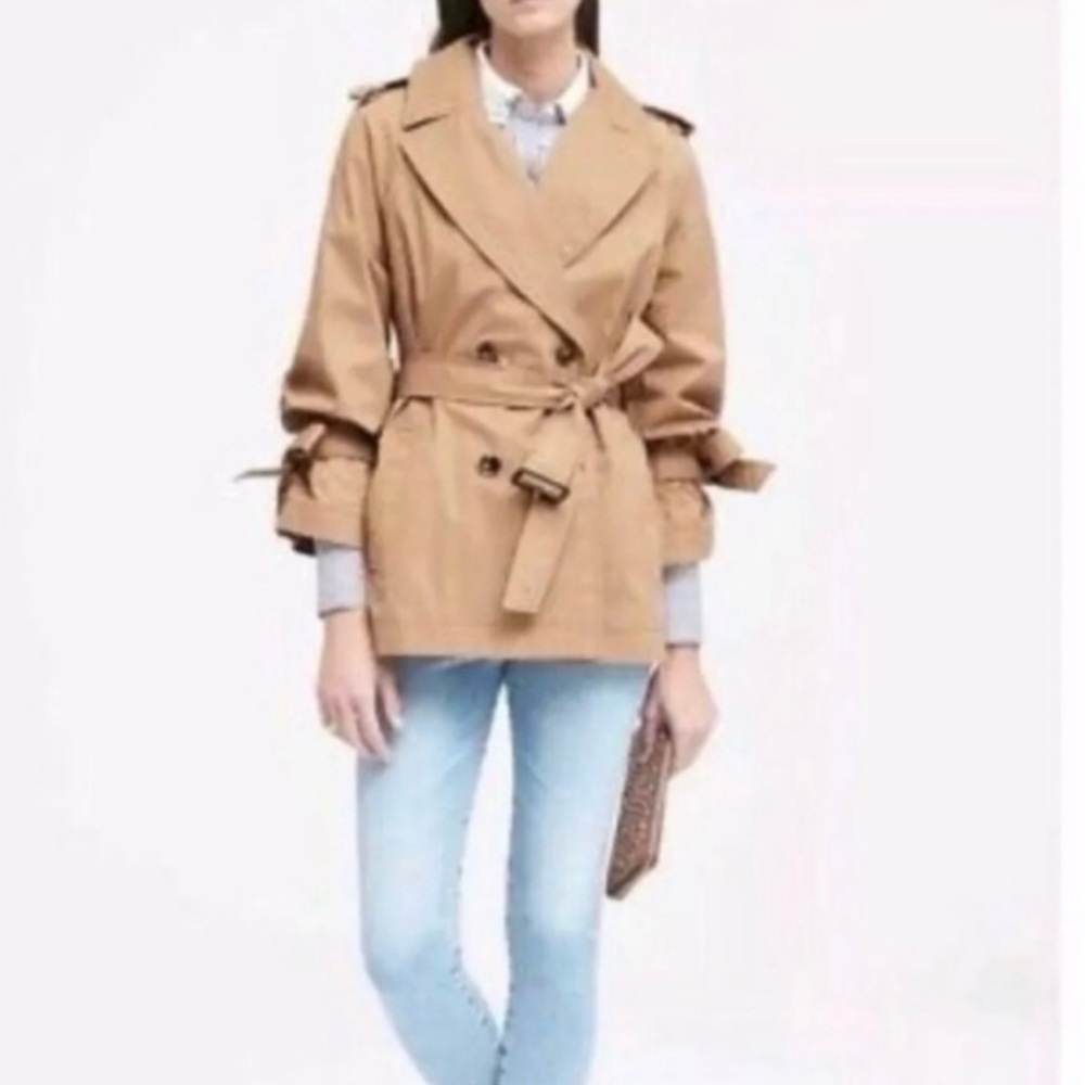 Banana Republic Limonta Trench Coat Jacket Modern Bow Tie Sleeve Tan XS - Picture 3 of 13